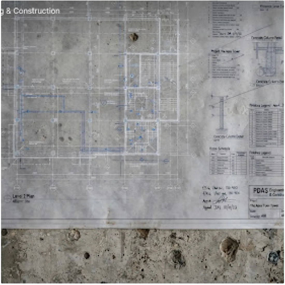 Structural drawings for a P.DAS ENGINEERING & CONSTRUCTION project laid out on a concrete slab
