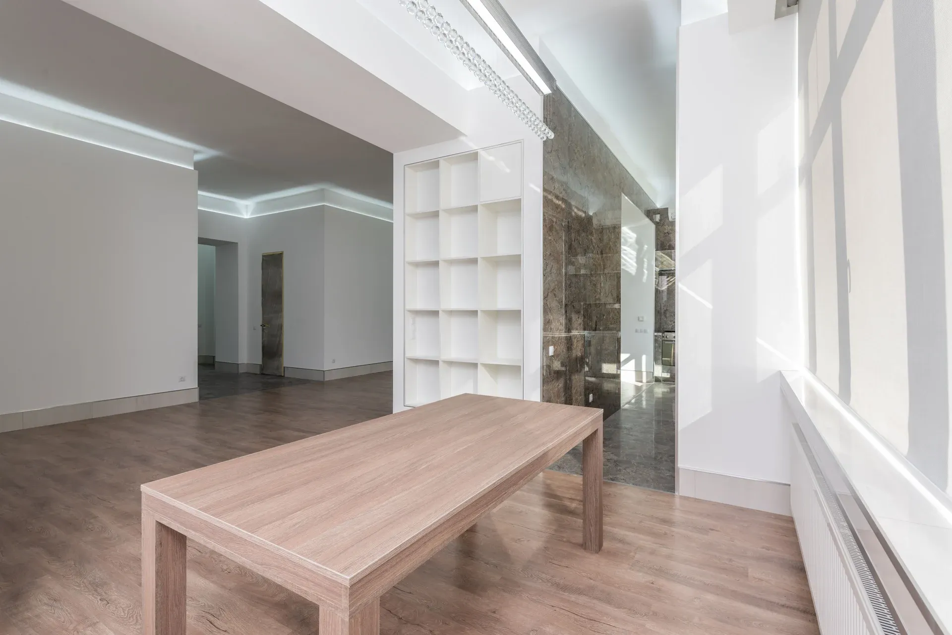 Finished institutional corridor and interior architectural detailing